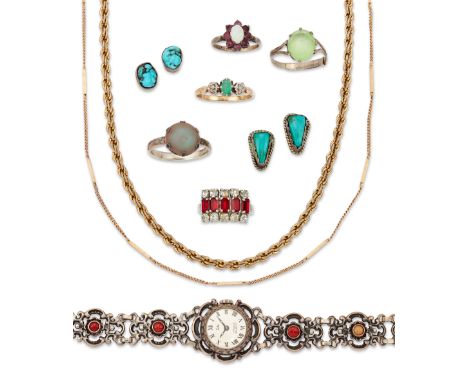 A group of jewellery, including: a 9ct gold bar and curb-link chain, London import hallmarks, 1969, length 63cm; an emerald a