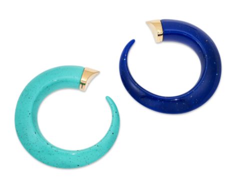 Shaun Leane. Two sterling silver and resin 'Tusk' bangles,&nbsp;the tapering bangles with sterling silver gilt caps, London h