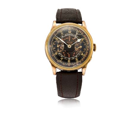 Tissot. A gold plated chronograph wristwatch with black telemetre dial  Case number 1199905, Circa 1935 Jewelled manual wind 