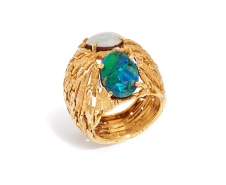 Charles De Temple. An opal doublet ring, composed of two opal doublets in closed-back settings, to textured tapered hoop, sig