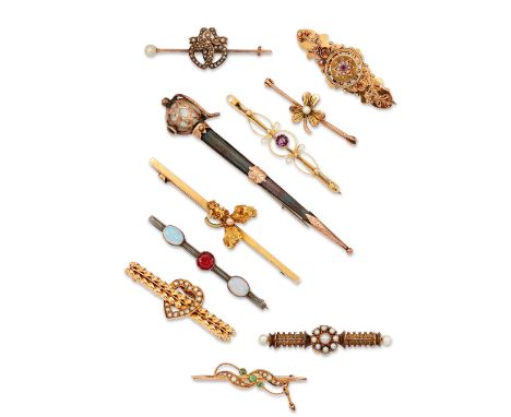 A group of bar brooches, comprising: a 19th century Scottish agate dirk brooch, set with vari-hue agates, in a 9ct gold mount