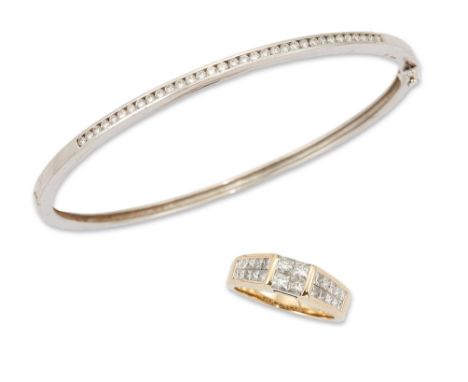 An 18ct gold diamond set bangle, and a diamond ring, the bangle with a row of brilliant-cut diamonds to the front, to plain m
