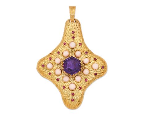 Ben Rosenfeld. An 18ct gold amethyst, coral and ruby pendant, of stylised cross form, with a central hexagonal step cut ameth