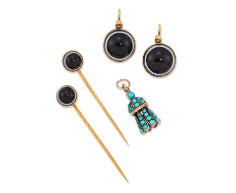 A group of Victorian jewellery, comprising: two gold banded agate stick pins, diameter of stick pin head 1cm; a pair of gold 