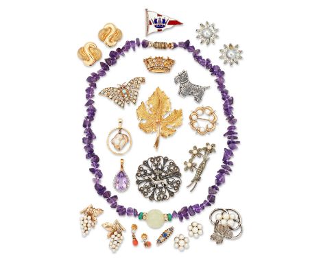 A group of jewellery, including: a cultured pearl foliate brooch by Mikimoto, signed, length 3cm; a stylised maple leaf brooc