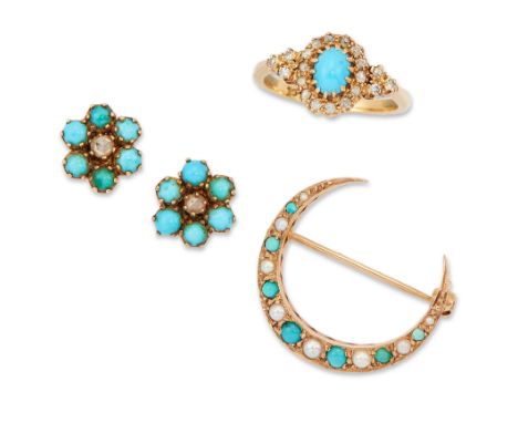 A group of turquoise set jewellery, comprising: a cabochon turquoise ring with old-cut diamond surround, stamped 18CT, ring s