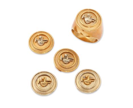 A group of polo themed jewellery, comprising: a ring of circular design with relief design of a polo stick, ball, and riding 
