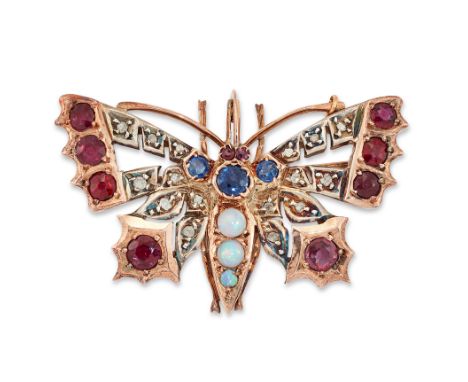 A Victorian gold gem-set butterfly brooch, composed of an opal and sapphire set body, diamond and ruby wings, and ruby set ey