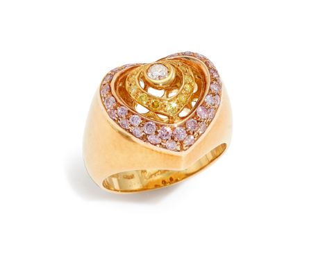 Kutchinsky. A diamond and coloured diamond ring, of heart design, with a central round brilliant-cut diamond within two row y