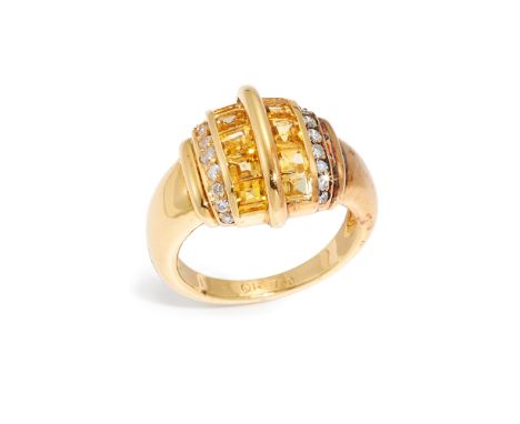 A yellow sapphire and diamond ring, of stylised geometric design, with two central rows of square step-cut yellow sapphires, 