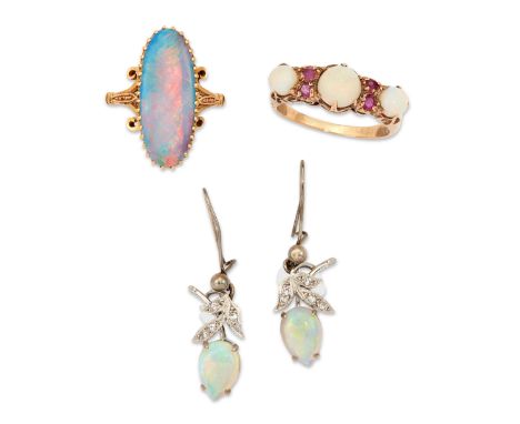 A group of opal jewellery, comprising: an opal and ruby ring, stamped 9CT, ring size Q; a opal doublet single-stone ring, rin