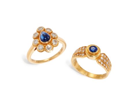 Kutchinsky. Two sapphire and diamond rings, the first an 18ct gold sapphire ring with three row diamond set shoulders, London