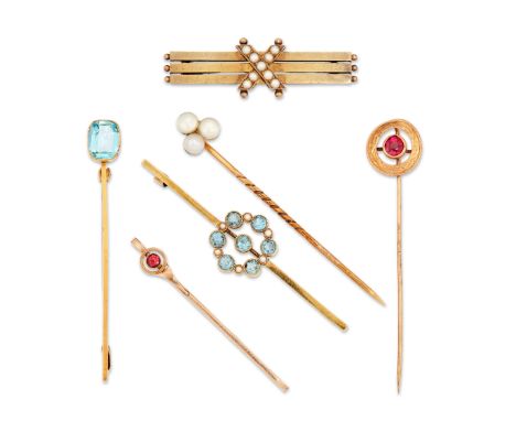 A group of early 20th century gem-set bar brooches and stick pins, comprising: a 15ct gold half pearl bar brooch, stamped 15c