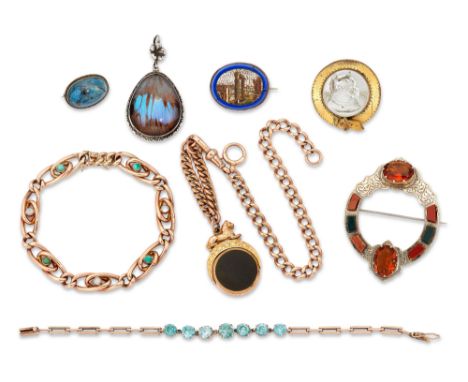 A group of jewellery, comprising: a Victorian 9ct gold turquoise and opal curb link bracelet, stamped 9CT, length 9cm; a blue