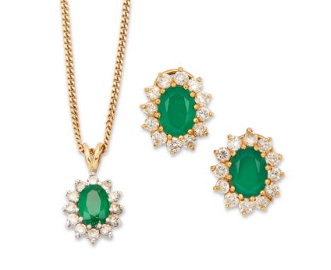 A gold emerald and diamond necklace, and a pair of chrysoprase and cubic zirconia earrings, the 18ct gold pendant with an ova