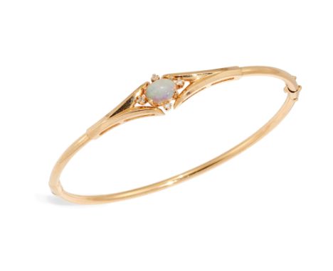 An opal and diamond hinged bangle, the upper half with an oval cabochon opal and single cut diamond cinquefoil cluster, to pl