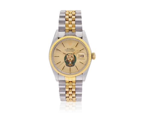 Rolex. A stainless steel and gold automatic calendar watch with rare UAE Armed Forces dial, original box and country coded pa