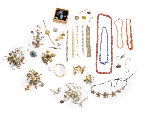 A collection of silver and costume jewellery, including: a gold mounted single stone amethyst ring; a silver single stone hex