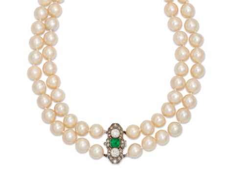 A cultured pearl two-row necklace with Art Deco emerald and diamond clasp,&nbsp;two rows of uniform cultured pearls approxima