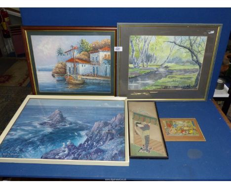 A quantity of pictures including a Vernon Ward print of a seascape, an oriental picture, a Margaret Ross nursery print, a wat
