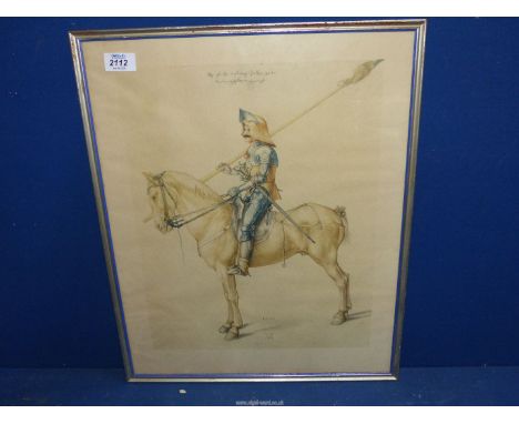 A framed coloured Print of an engraving of Soldier on horseback, after Albrecht Durer, 16 1/2" x 20".  