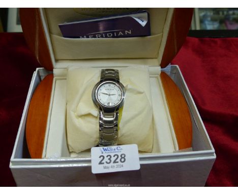 A boxed and cased gent's Meridian 1770 stainless steel wristwatch, with one year warranty and instruction manual, as new.