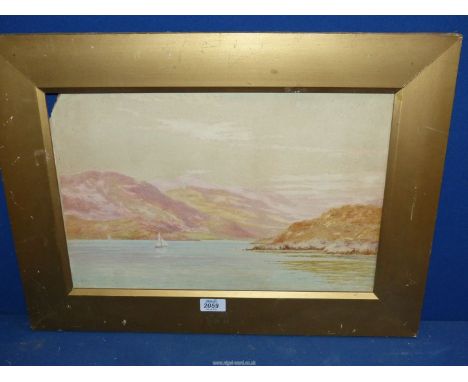 A framed watercolour depicting Sailing Boats on the water with rolling mountains in the distance, signed lower left R. Christ