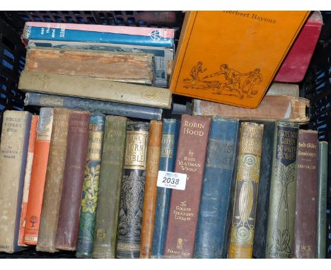 A crate of books, Tom Brown's School Days, Jane Eyre, Little Faith, The Heart-shaped Ruby etc.