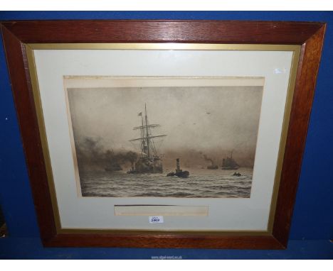 A large oak framed Lithograph 'In Tow' depicting large sailing ship coming into harbour, 27 1/2" x 23 3/4".