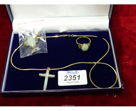 A 9ct. gold and jade Oriental jewellery set comprising necklace, pair of earrings and ring.