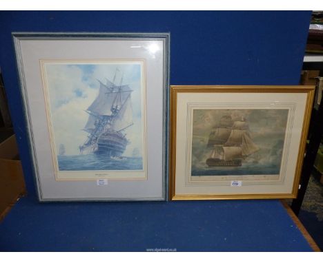 A framed and mounted Print 'The Victory lst Rate', published by R. Dodd, along with a framed and mounted print 'HMS Bellona' 