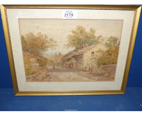 A Watercolour of country cottage with figures, signed R. Shepherd, lower right.