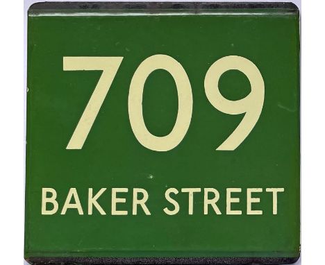 London Transport coach stop enamel E-PLATE for Green Line route 709 destinated Baker Street. These were recorded between Cate