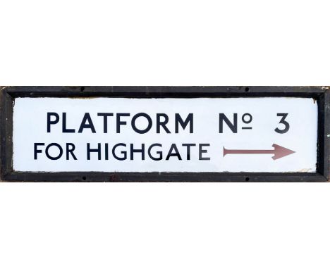 1920s/30s London Underground enamel SIGN 'Platform No 3 for Highgate' with directional arrow. Almost certainly from Camden To