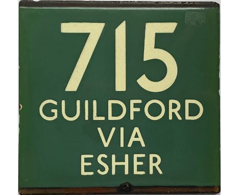 London Transport coach stop enamel E-PLATE for Green Line route 715 destinated Guildford via Esher. This is an early example 