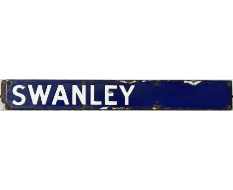 Southern Railway enamel DEPARTURE INDICATOR PLATE 'Swanley' with original wooden backing tumbler, probably from the departure