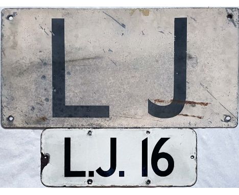 Pair of SIGNS from Woodford signal box on the London Underground Central Line comprising a tin sign 'L J' from the outside of