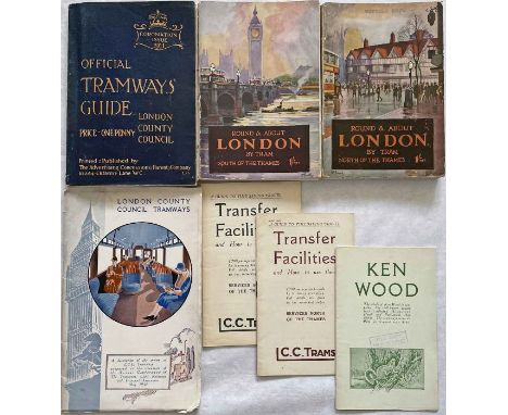 Selection (7) of 1910s-1930s LCC Tramways printed material comprising 1911 'Coronation Issue' Official Tramways GUIDEBOOK wit