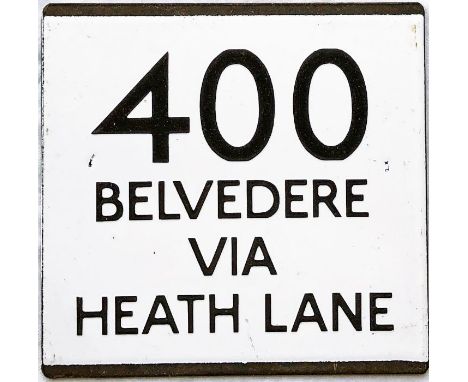 London Country bus stop enamel E-PLATE for route 400 destinated Belvedere via Heath Lane. This mid-1970s incarnation of the 4