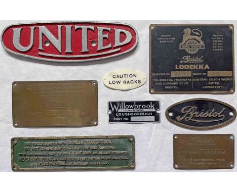 Selection (8) of BUS PLATES, some with vehicle details on reverse, eg  Bristol Tramways body plate and 'United' radiator badg