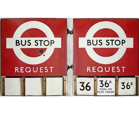 1950s/60s London Transport enamel BUS STOP FLAG ('Request'), an E3 version with runners on both sides and 3 E-PLATES for the 