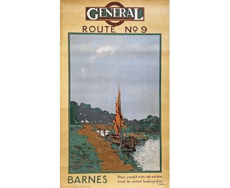 1919 London Underground Group (General Omnibuses) double-royal (approx) POSTER 'Barnes - route no 9' by L MacLeish. Depicts a