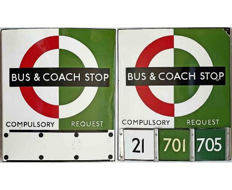 1950s/60s London Transport enamel BUS &amp; COACH STOP FLAG ('Bus Compulsory, Coach Request'), an E3 version with runners for