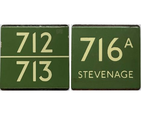 Pair of London Transport coach stop enamel E-PLATES for Green Line routes 712/713 and 716A destinated Stevenage. Both are in 