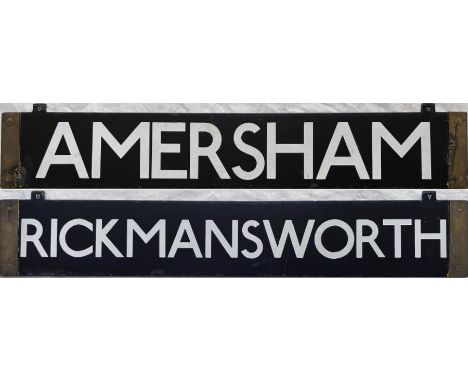 London Underground CO/CP Stock enamel CAB DESTINATION PLATE for Amersham/Rickmansworth on the Metropolitan Line. Double-sided