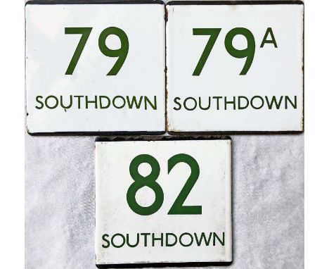 Trio of London Transport bus stop enamel E-PLATES for Southdown Motor Services routes 79, 79A and 82, all with the green digi