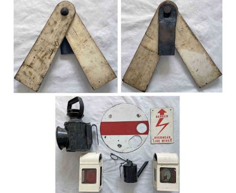 A selection (7 items) of railwayana comprising a Caldeonian Railway (or LMS) SEMAPHORE ROUTE INDICATOR of wooden construction