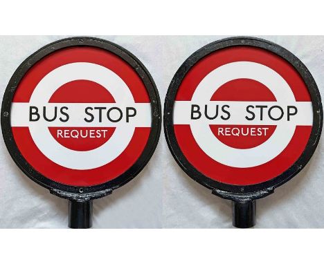 London Transport enamel 'DOLLY' BUS STOP (Request), double-sided and comprising two enamel plates in the original steel frame