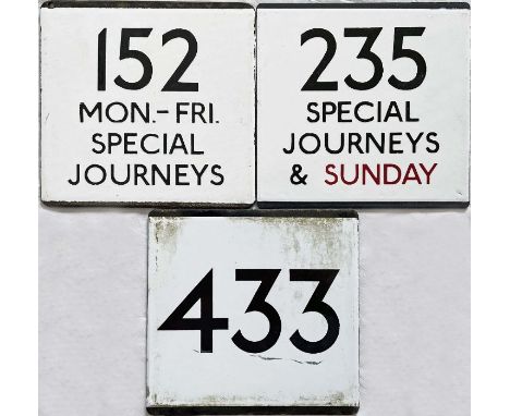 Trio of London Transport bus stop enamel E-PLATES for routes 152 Mon-Fri, Special Journeys, 235 Special Journeys &amp; Sunday