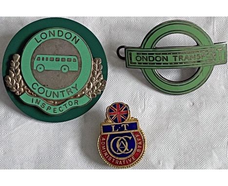 Trio of London Transport/London Country enamel CAP &amp; LAPEL BADGES comprising a 1970s LCBS Senior Inspectors' ("gold badge